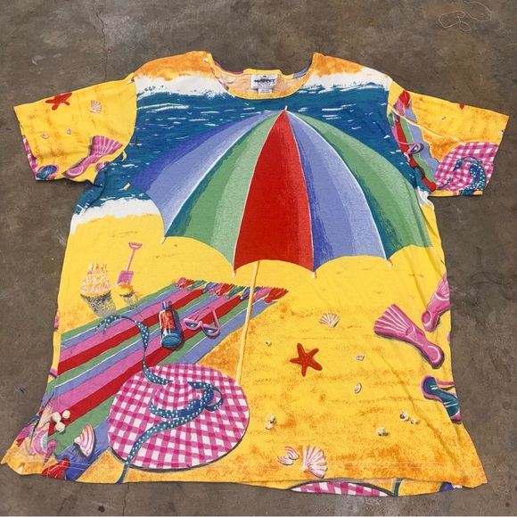 Tops - Vintage 90s YS Sport Beach Umbrella All Over Print T Shirt Made in USA 2X Large
